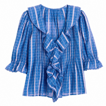 Blue Windowpane Check Ruffle Blouse