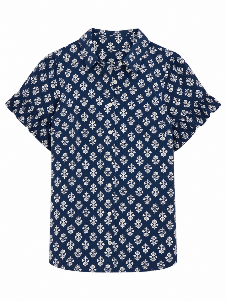 Navy Floral Print Short Sleeve Button Shirt