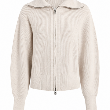 Off-White Zip-Up Rib-Knit Cardigan with Spread Collar