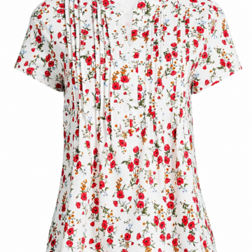 White Rose Floral Short Sleeve Blouse with Pleats