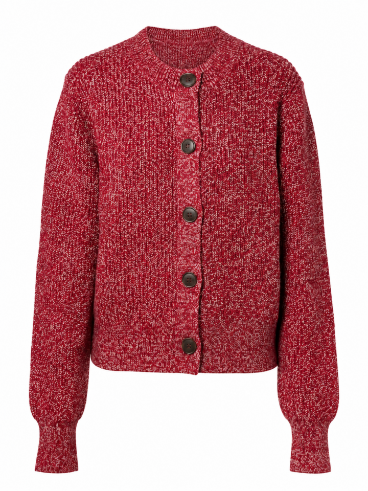 Deep Red Marled Knit Cardigan with Five-Button Front