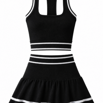 Black Ribbed Knit Crop Top & Mini Skirt Two-Piece Set with White Stripes