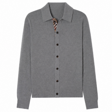 Grey Fine Knit Cardigan with Checked Inner Collar