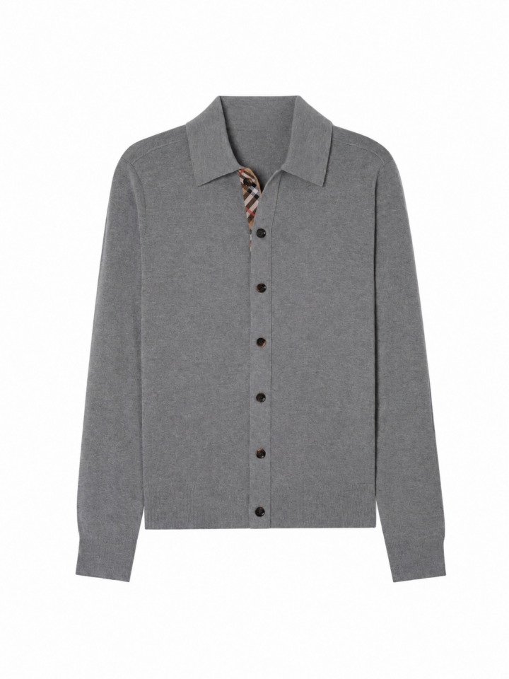 Grey Fine Knit Cardigan with Checked Inner Collar
