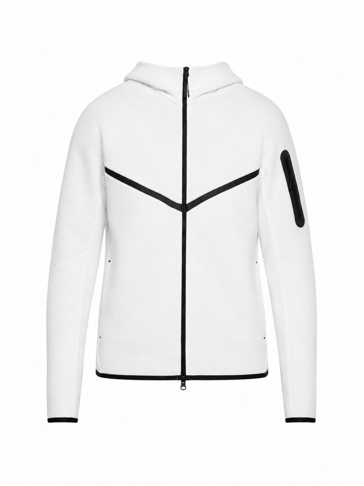 White Full-Zip Hooded Sweatshirt with Black Y-Stripe Piping