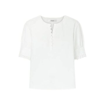 White Round Neck Short Sleeve Top with Button Placket