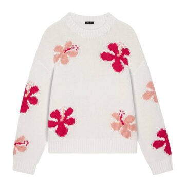 White Relaxed Crewneck Sweater with Hibiscus Floral Intarsia