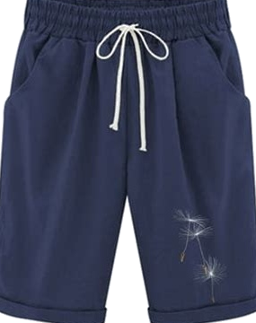 Navy Blue Pull-On Shorts with Dandelion Embroidery